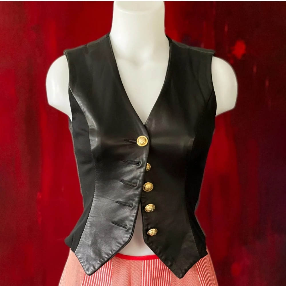Moschino Cheap and Chic Black Leather & Stretch Vest with Gold Buttons Vintage